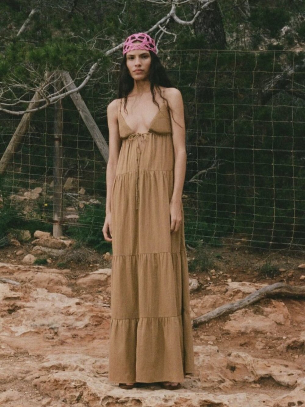 Mango MNG Cami Maxi Dress Sz 6 Brown Cotton Crinkle Beaded Ties Boho Summer